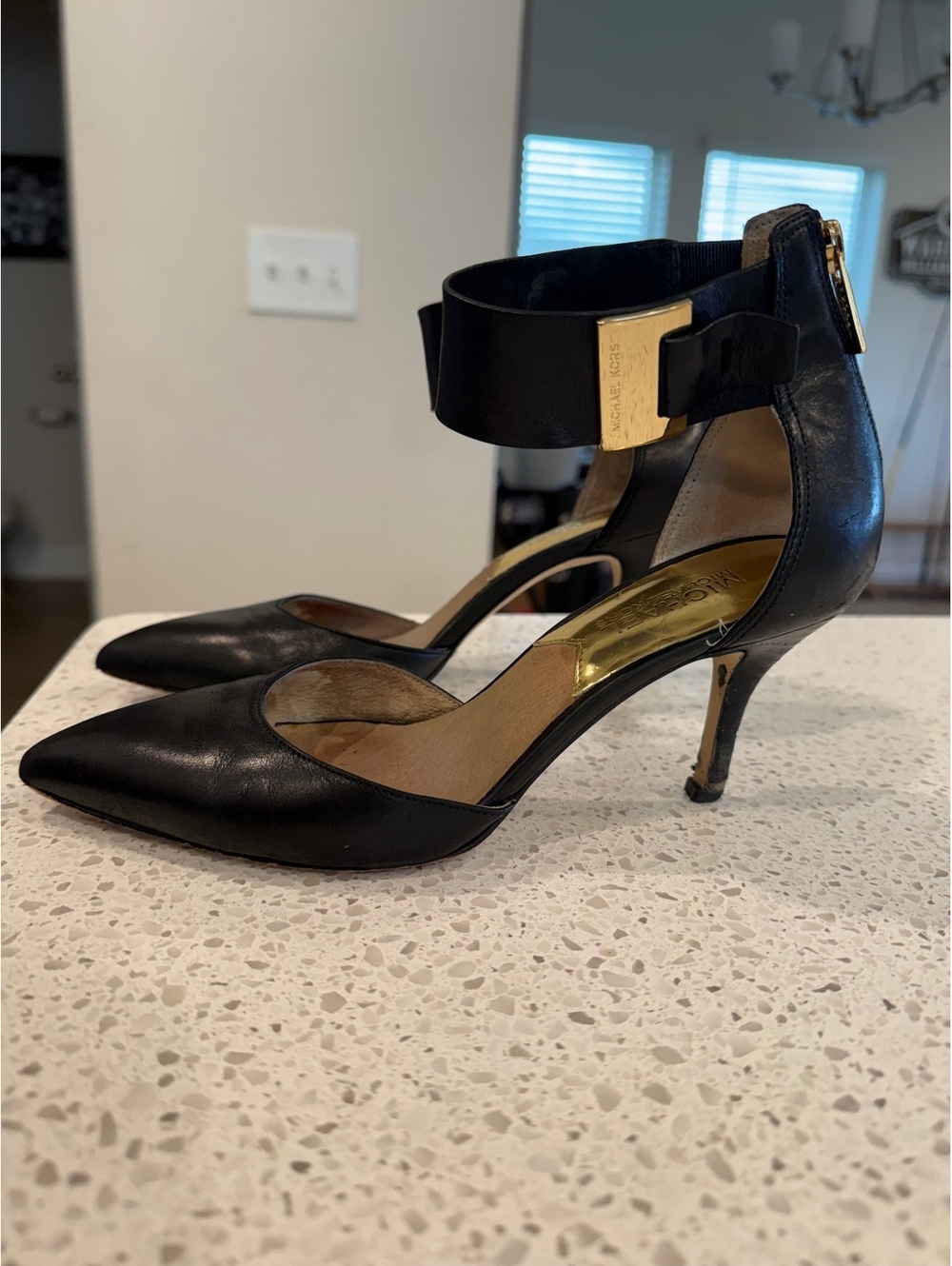 Michael Kors Black Leather Ankle Strap Heels with Gold Accents